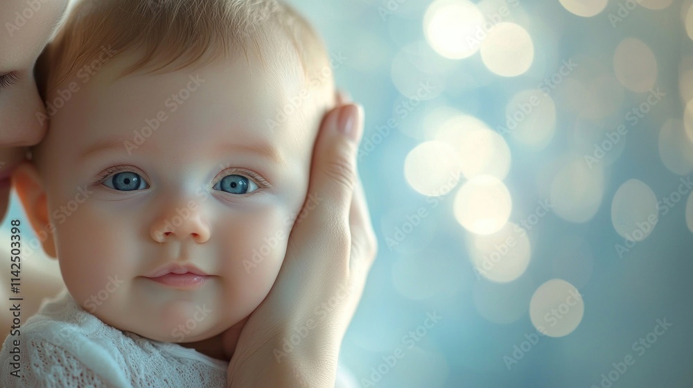 Sweet and Adorable Baby Close-Up with Soft Blue Background and Blurred Lights, Capturing Innocence and Tenderness in a Heartwarming Moment Sweet and Adorable Baby Close-Up with Soft Blue Background and Blurred Lights, Capturing Innocence and Tenderness in a Heartwarming Moment