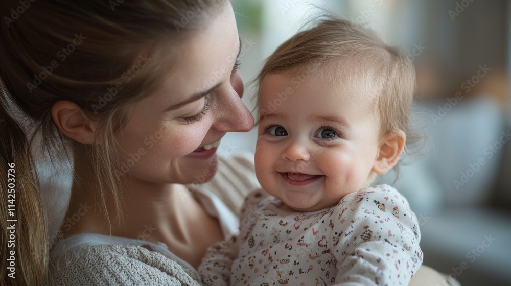 Tender Moment Between Mother and Baby in Soft Natural Light, Capturing Joyful Expressions and Bonding in a Cozy Indoor Setting Tender Moment Between Mother and Baby in Soft Natural Light, Capturing Joyful Expressions and Bonding in a Cozy Indoor Setting