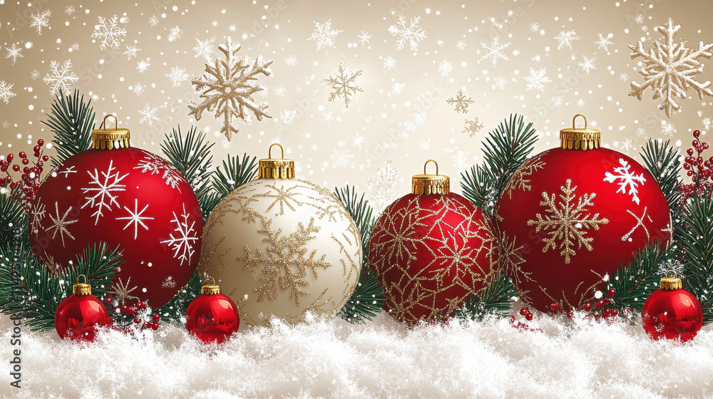 Festive Christmas wallpaper featuring red and white ornaments, snowflakes, and pine branches, creating joyful holiday atmosphere. Perfect for seasonal decorations Festive Christmas wallpaper featuring red and white ornaments, snowflakes, and pine branches, creating joyful holiday atmosphere. Perfect for seasonal decorations