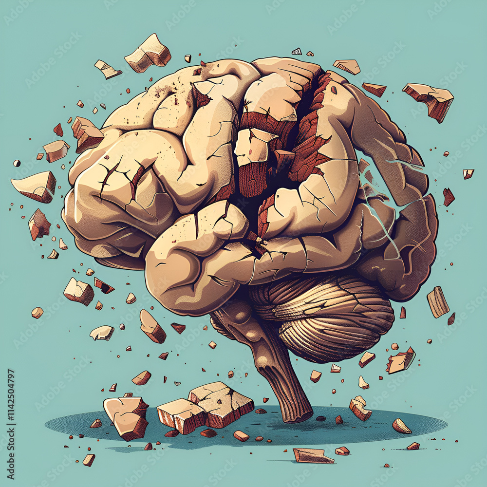 Naklejka premium Artystyczna ilustracja przedstawiająca popękany mózg, który rozpada się na kawałki, symbolizująca stres, przeciążenie psychiczne, zdrowie psychiczne i destrukcyjne procesy w umyśle.
