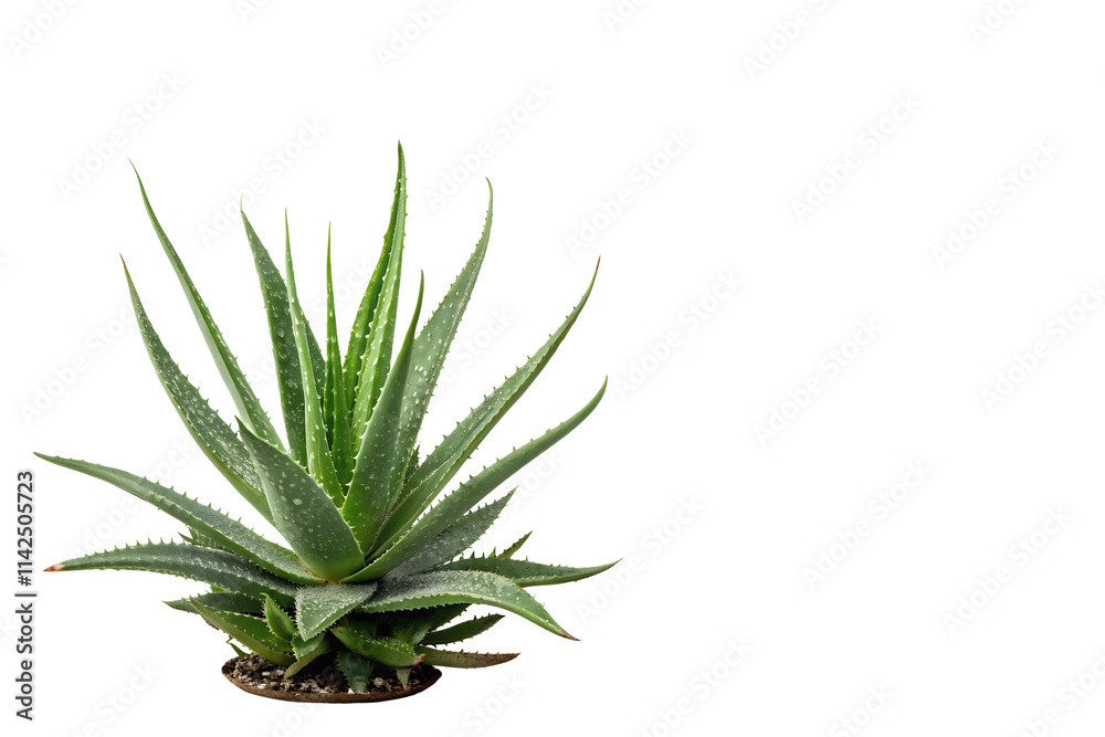 Fototapeta premium Close-Up of Aloe Vera Plant with Water Droplets on Fleshy Green Leaves Isolated on White Background