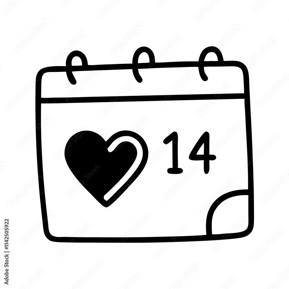 Valentine's Day illustration on a calendar page featuring a heart and the number fourteen Valentine's Day illustration on a calendar page featuring a heart and the number fourteen