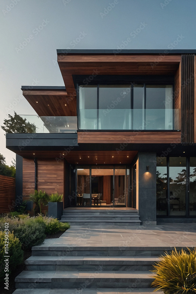 A modern two-story house with dark gray and wood exterior. Large windows and glass balcony are prominent features. Stone steps lead to the entrance. Landscaping includes low shrubs. A modern two-story house with dark gray and wood exterior. Large windows and glass balcony are prominent features. Stone steps lead to the entrance. Landscaping includes low shrubs.
