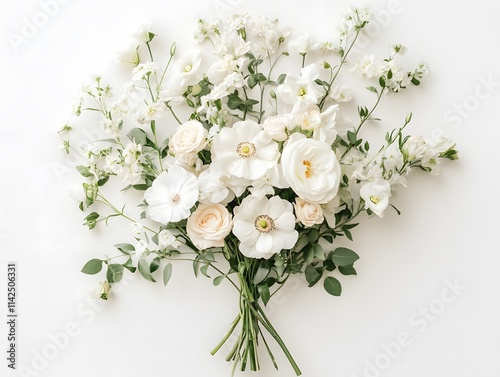 Elegant White Floral Arrangement with Ranunculus, Roses, and Delicate Greens on Soft Background Perfect for Weddings, Events, and Decorative Use