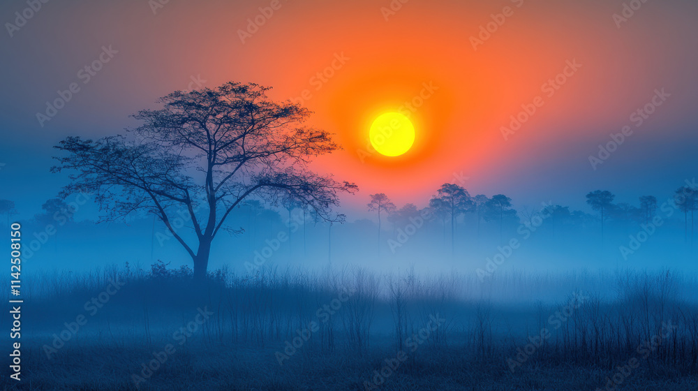 Fototapeta premium serene sunset over misty landscape, featuring silhouetted tree against vibrant orange and blue hues. tranquil scene evokes sense of peace and calm