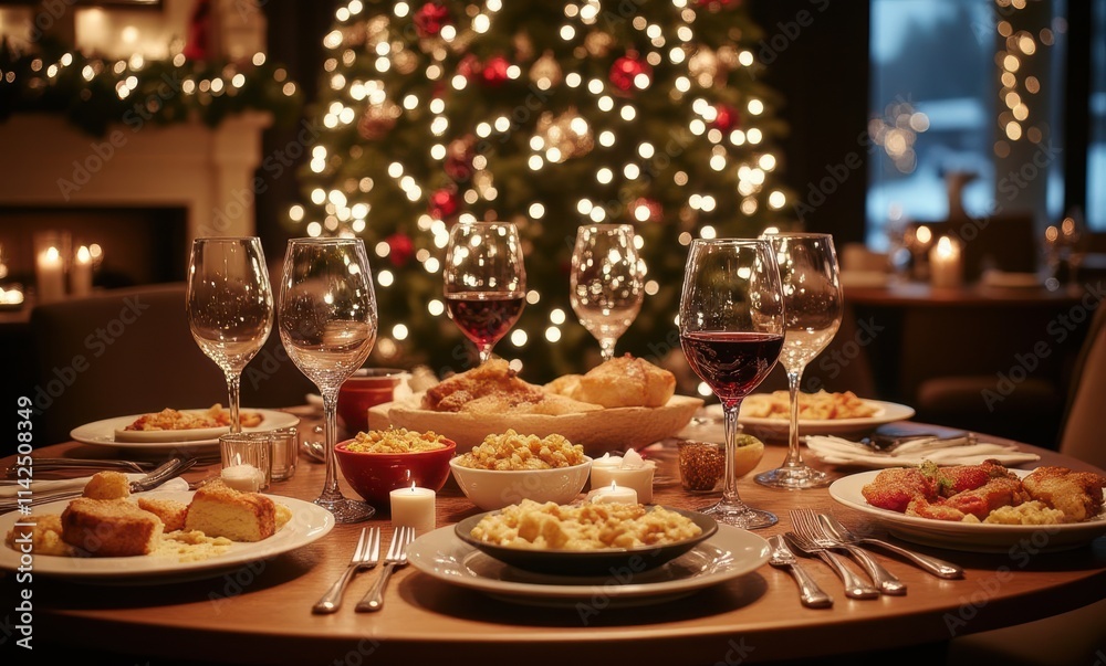 Festive holiday dinner table setting Festive holiday dinner table setting