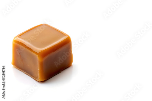 Caramel Candy Piece with Smooth Glossy Surface Positioned Left Side on White Background with Copy Space