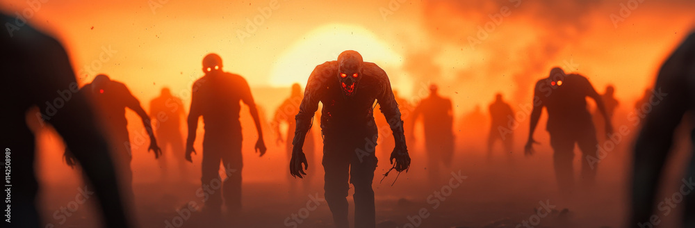 Intense scene of zombie invasion at sunset with eerie silhouettes Intense scene of zombie invasion at sunset with eerie silhouettes