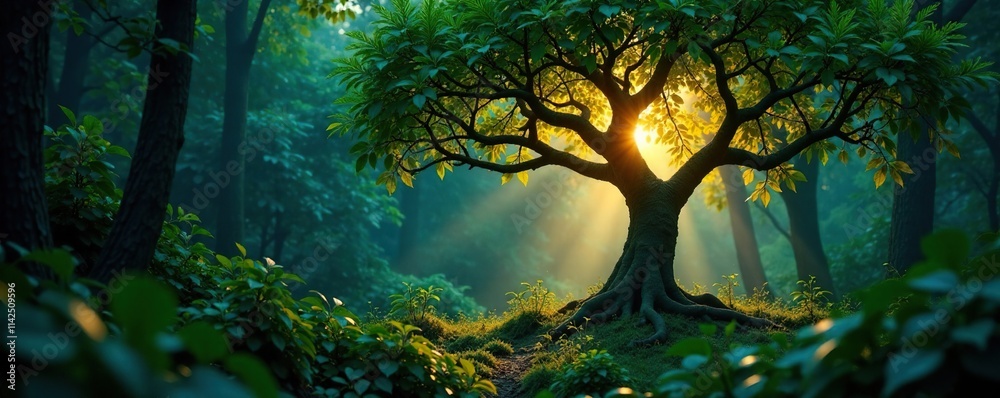 A glowing aura surrounding a tree in an overgrown jungle, dark green background, foliage A glowing aura surrounding a tree in an overgrown jungle, dark green background, foliage