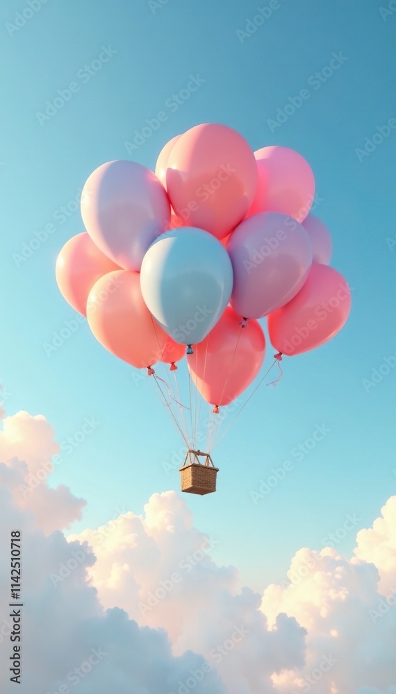 Fototapeta premium A group of balloons slowly ascending into the pale blue atmosphere, soft breeze, relaxed atmosphere, serene scene