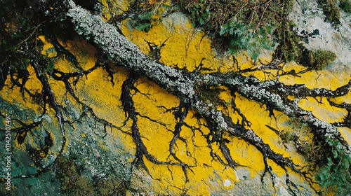 Autumn Nature Textures of Yellow and Orange Leaves on Old Tree Bark in a Forest photo