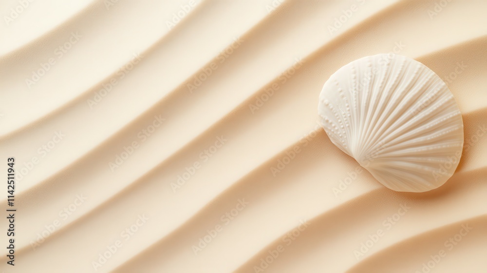 A white seashell is placed on a sandy beach A white seashell is placed on a sandy beach