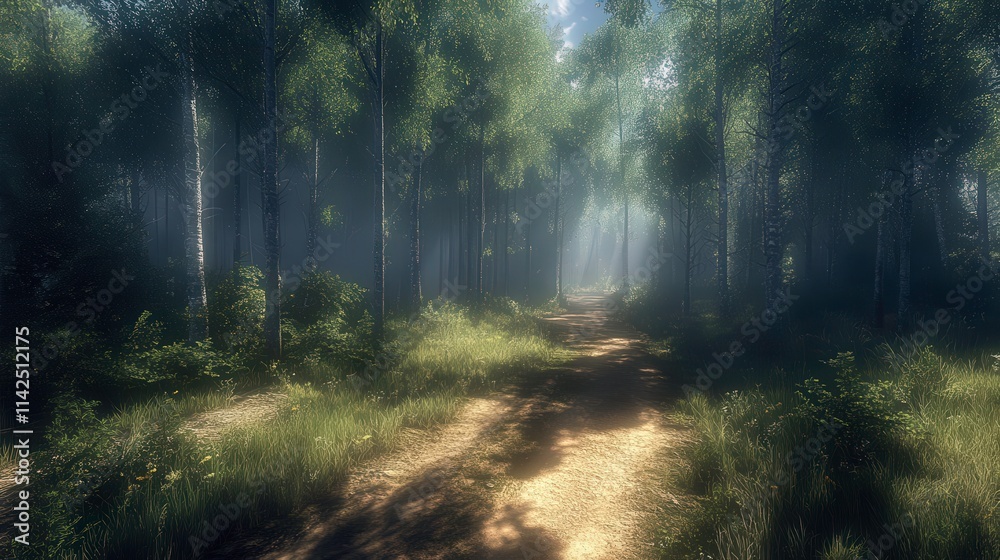 Fototapeta premium Serene Forest Pathway Through Sunlit Trees and Misty Atmosphere Inviting Exploration and Tranquility in Nature's Abundant Beauty