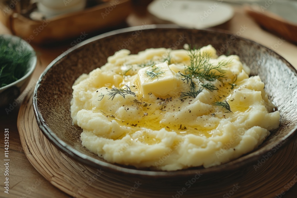 Smooth and buttery mashed potatoes topped with fresh dill and a pat of melting butter, served on a rustic plate Smooth and buttery mashed potatoes topped with fresh dill and a pat of melting butter, served on a rustic plate