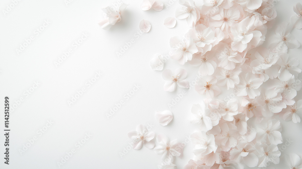 Soft pattern with pressed flowers, their petals painted in delicate, the blooms flowers scatter gently across the white background Soft pattern with pressed flowers, their petals painted in delicate, the blooms flowers scatter gently across the white background