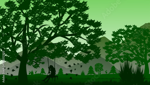 illustration of people swinging under shady trees in a meadow area with mountains, green theme, vector illustration