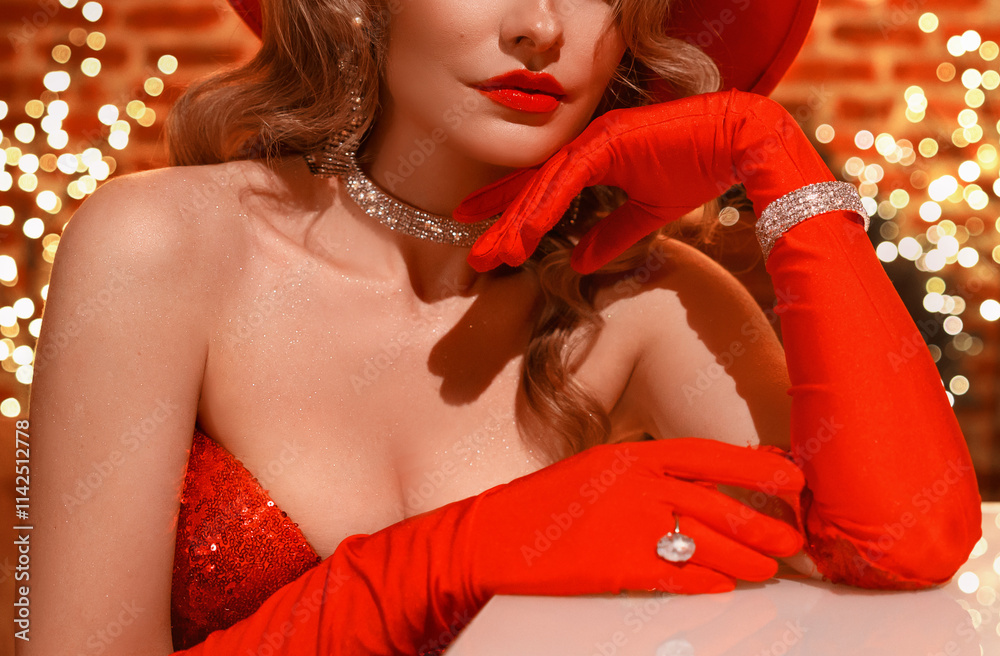 Naklejka premium art photo real person, sexy elegant luxury woman red lips close-up mouth mystical smile, Evening makeup, hands in long gloves shiny dress. Festive bokeh lamp lights Christmas new year holiday concept