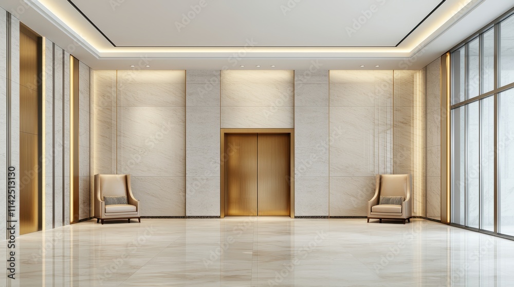 Obraz premium Elegant Lobby Interior with Golden Accents and Modern Design Features