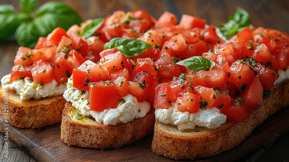 Bruschetta with tomatoes and basil on a board on a dark background. Italian appetizer. Side view, space for copying
