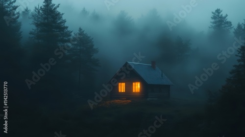 Lonely Cabin in Foggy Forest at Night Mystery, Isolation, and Warmth photo