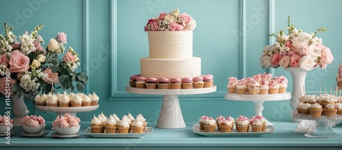 Elegant Wedding Dessert Table with Tiered Cake and Cupcakes