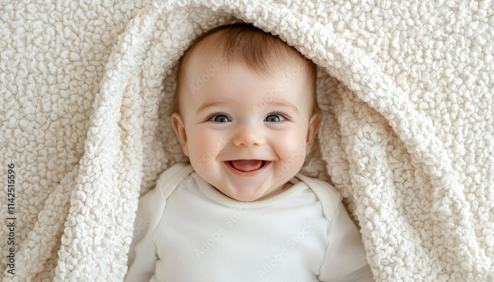 Joyful baby smiling under cozy blanket, radiating happiness and warmth Joyful baby smiling under cozy blanket, radiating happiness and warmth