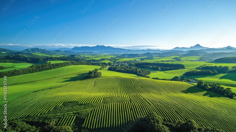 Lush Green Vineyards and Rolling Hills bathed in Sunlight with Majestic Mountains in the Distance Lush Green Vineyards and Rolling Hills bathed in Sunlight with Majestic Mountains in the Distance