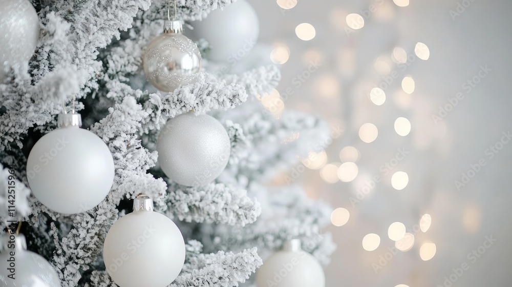 Bright white and silver ornamernts on Christmas tree against a background of bokeh of Christmas lights. New Year, Christmas background. Christmas tree, boxes with gifts,New year's figurines and decor Bright white and silver ornamernts on Christmas tree against a background of bokeh of Christmas lights. New Year, Christmas background. Christmas tree, boxes with gifts,New year's figurines and decor