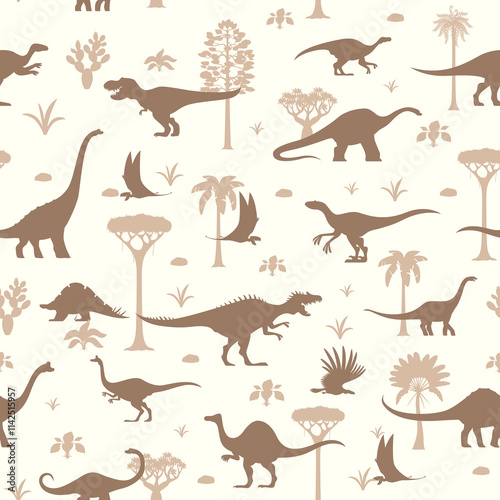Prehistoric dinosaur animals and reptiles seamless pattern. Vector background of jurassic dinos, prehistoric forest trees and plants. Tyrannosaurus, velociraptor and dimorphodon dinosaur silhouettes