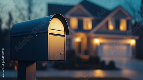 Black metal mailbox with elegant suburban house in blurred evening background. Modern delivery service