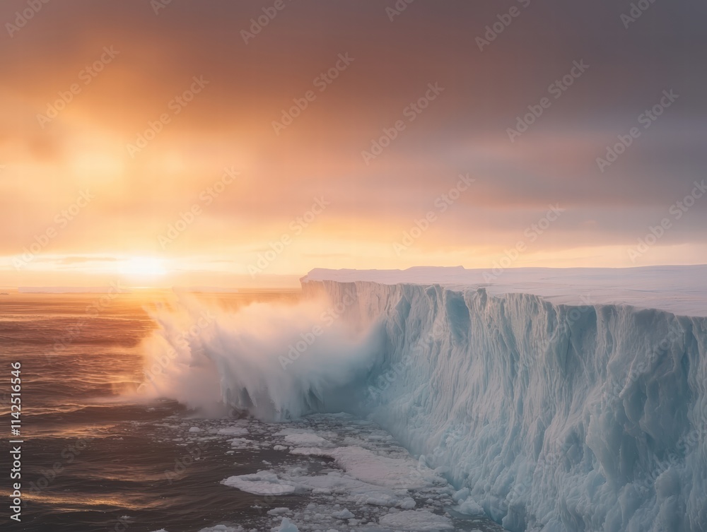 Arctic ice shelf collapse event oceanic horizon nature photography dramatic sunset aerial perspective climate change symbolism