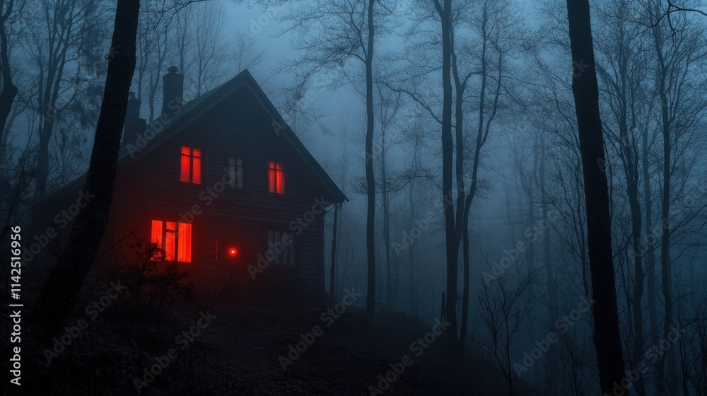Spooky House in Foggy Forest with Red Windows at Nighttime Spooky House in Foggy Forest with Red Windows at Nighttime