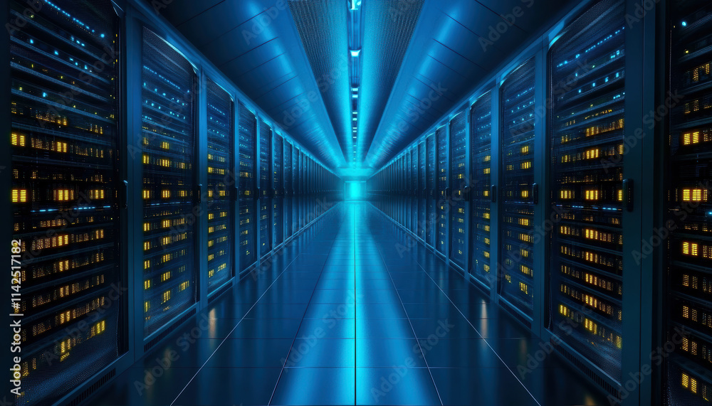 A mesmerizing view of a cutting-edge data center illuminated in blue and yellow hues, showcasing advanced server racks lining a sleek, reflective corridor. A mesmerizing view of a cutting-edge data center illuminated in blue and yellow hues, showcasing advanced server racks lining a sleek, reflective corridor.