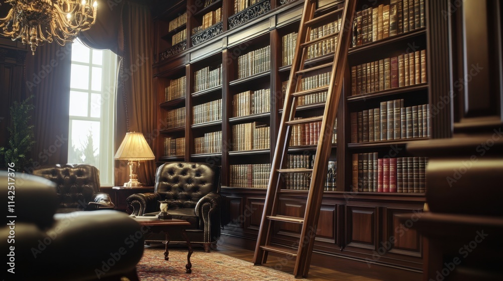 Elegant Home Library with Wooden Bookshelves and Cozy Armchairs Elegant Home Library with Wooden Bookshelves and Cozy Armchairs
