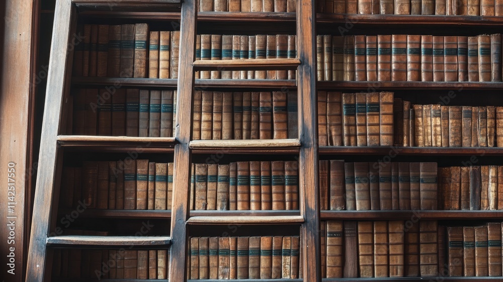 Classic Wooden Bookshelves with Old Leather-Bound Books Displayed Classic Wooden Bookshelves with Old Leather-Bound Books Displayed