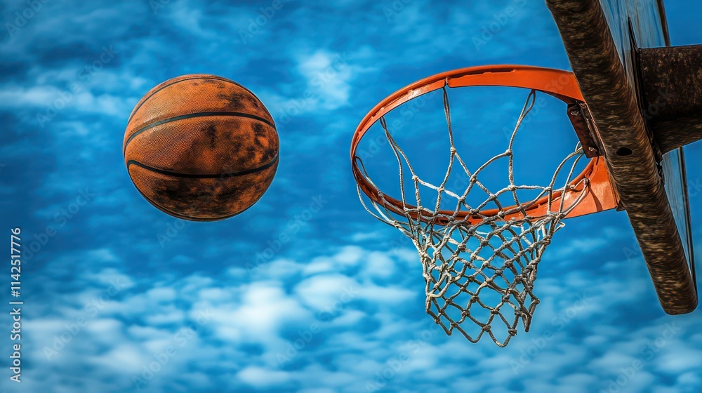 Basketball about to enter hoop against blue sky. Basketball about to enter hoop against blue sky.