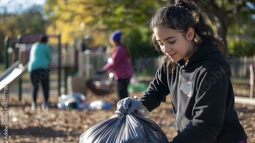 A young volunteer tying a full trash bag while others work in the background near a childrenâ€™s playground photo