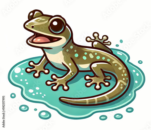 Colorful cartoon amphibious gecko sitting on water, showcasing vibrant colors and playful expression. photo