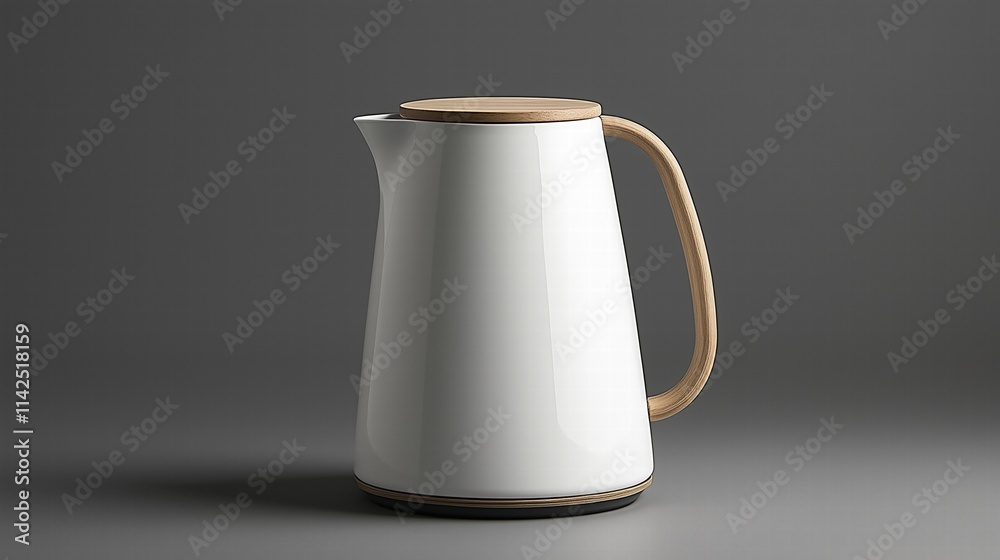 White modern ceramic kettle with wooden handle on dark background. Contemporary kitchenware