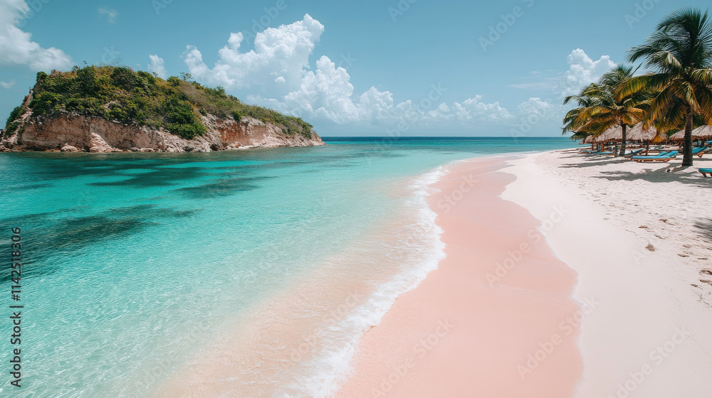 vibrant and colorful beach scene during sunny weather, featuring soft pink sand, clear turquoise water, and lush palm trees. tranquil atmosphere invites relaxation and enjoyment vibrant and colorful beach scene during sunny weather, featuring soft pink sand, clear turquoise water, and lush palm trees. tranquil atmosphere invites relaxation and enjoyment