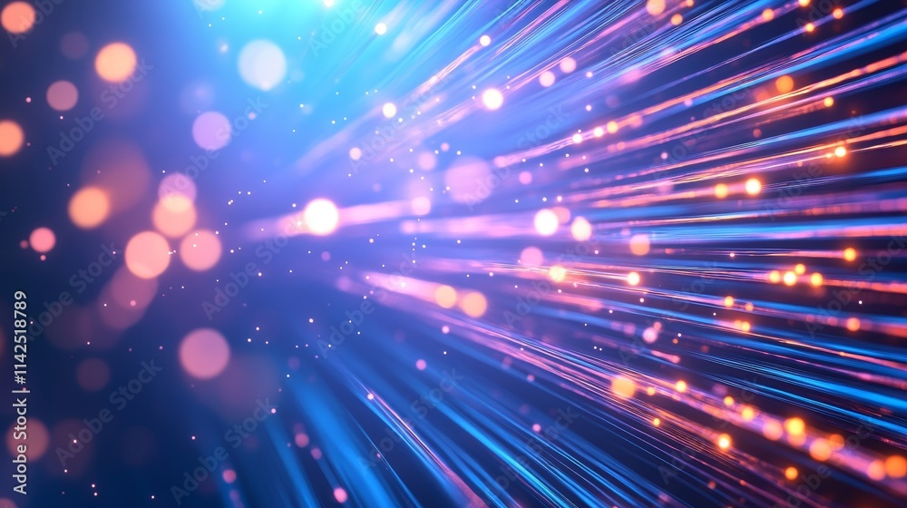 Fototapeta premium Bundles of glowing optical fiber lines transmitting high-speed data for internet