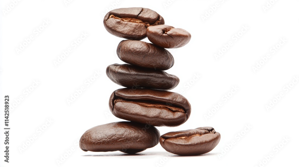 Roasted coffee beans falling on heap against brown background, closeup