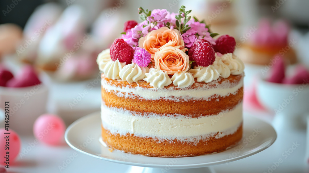 beautifully decorated cake topped with fresh flowers and berries, perfect for celebrations. vibrant colors and elegant design make it ideal centerpiece for any event