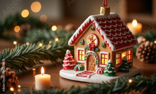 Festive gingerbread house ornament display photo