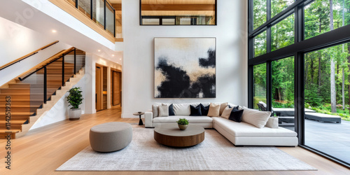 Wallpaper Mural Experience serene living in this beautifully designed contemporary space featuring large windows, warm wooden accents, and a stylish lounge area overlooking a lush green landscape. Torontodigital.ca