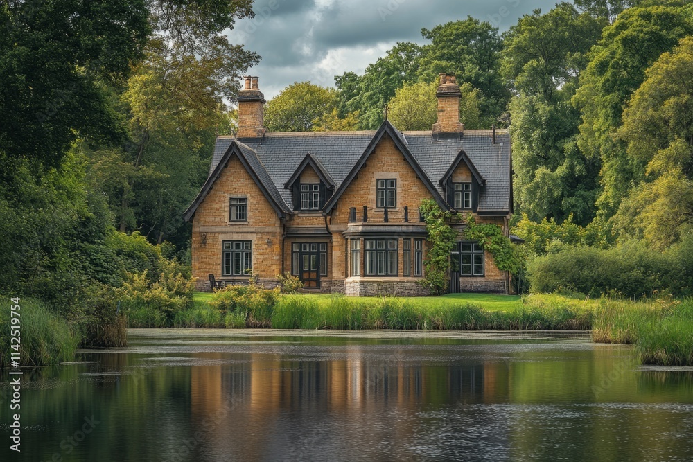 Luxury stone house reflecting in a lake surrounded by trees and green grass Luxury stone house reflecting in a lake surrounded by trees and green grass