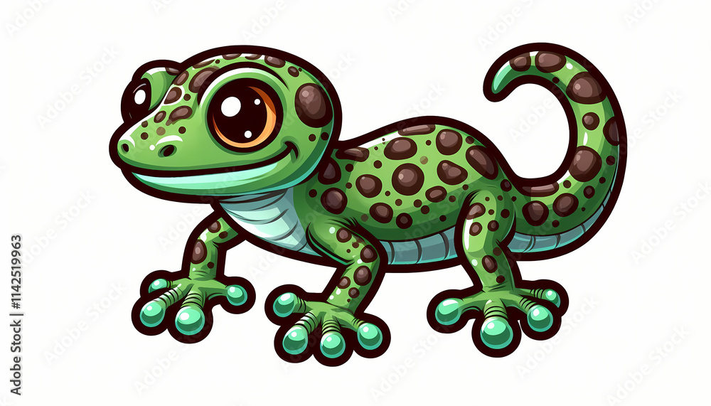 Cute cartoon green amphibious gecko with big eyes and spots, perfect for children's illustrations. Cute cartoon green amphibious gecko with big eyes and spots, perfect for children's illustrations.
