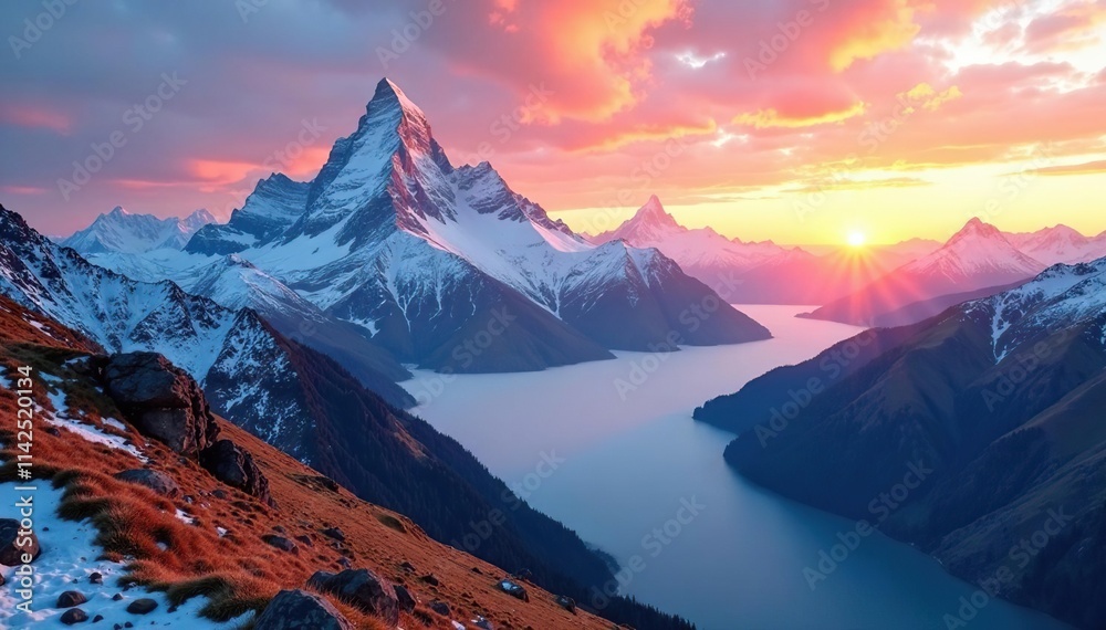 Obraz premium Altai mountain landscape at sunrise with snow-capped peaks and misty valleys, snow, peak, altai