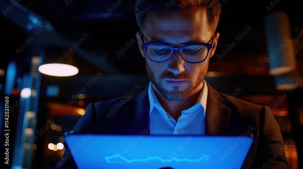 Stylish Businessman Analyzing Data on Tablet in Modern Office Setting Stylish Businessman Analyzing Data on Tablet in Modern Office Setting
