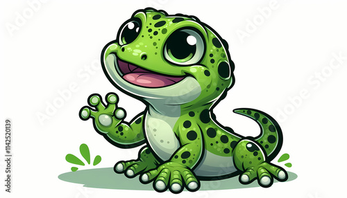 A cheerful green amphibious gecko, showcasing a playful expression and vibrant colors.